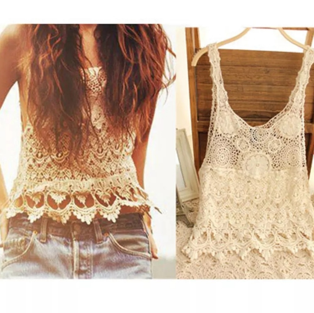 NUDE CROCHET PATTERN OVERLAY SEMI-SHEER TANK TOP ☕
